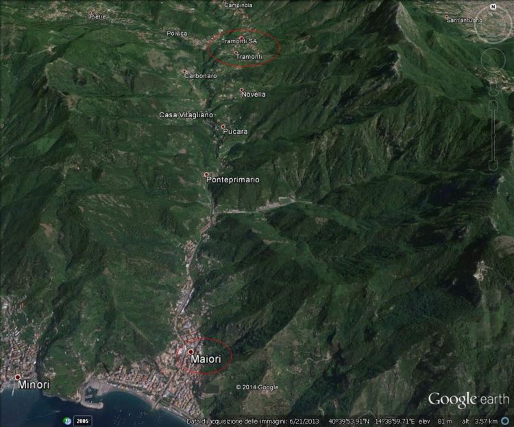 La sottozona Tramonti della Dop Costa d'Amalfi vista con Google Earth