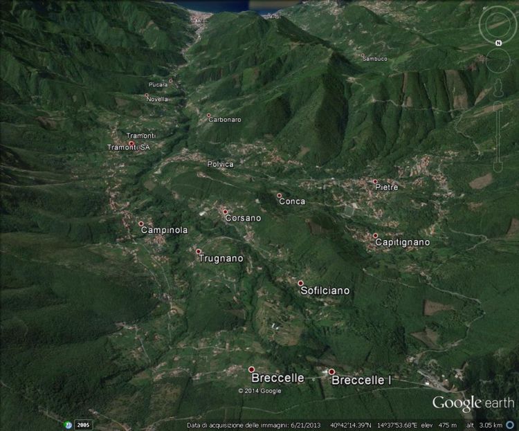 La sottozona Tramonti vista da nord (Valico di Chiunzi) con Google Earth